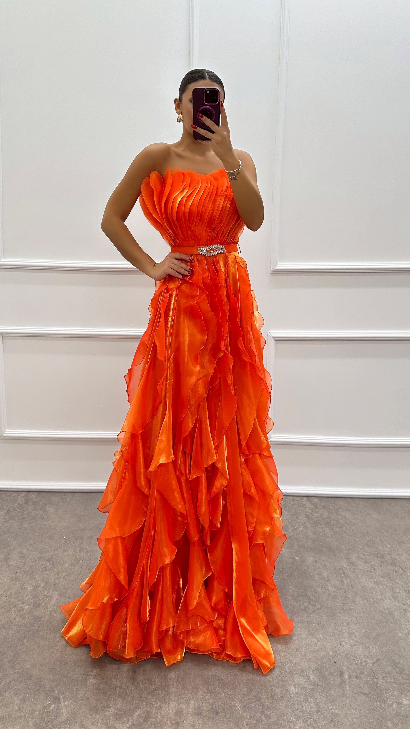 ORANGE STRAPLESS FLYWHEEL DETAIL BELTED EVENING DRESS