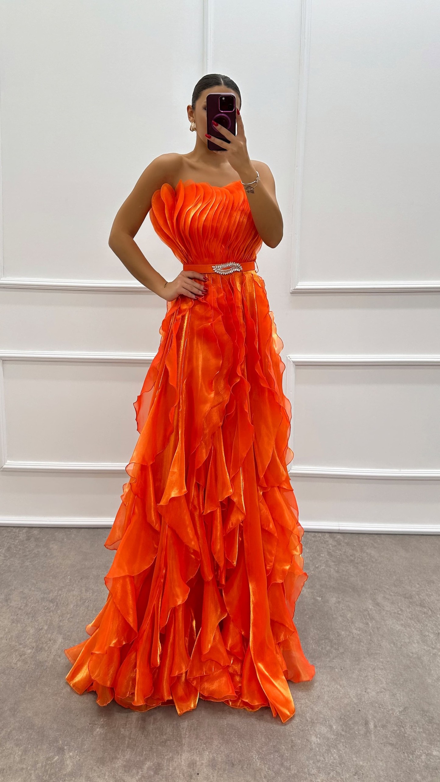ORANGE STRAPLESS FLYWHEEL DETAIL BELTED EVENING DRESS