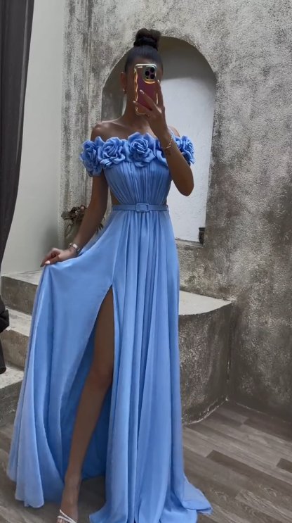 CHEST ROSE DETAIL DESIGN SATIN EVENING DRESS