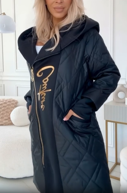 Long - Length Asymmetric Zip Quilted Coat