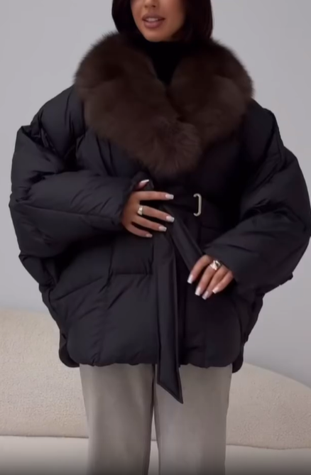 Fur collar belted down jacket