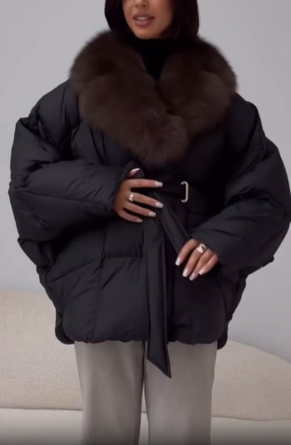 Fur collar belted down jacket