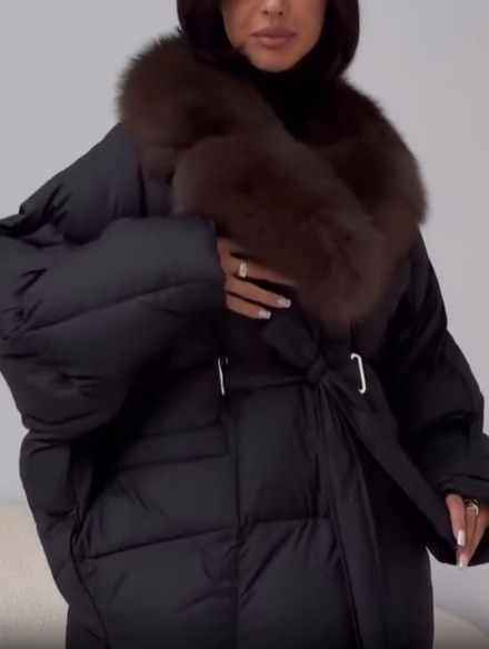 Fur collar belted down jacket
