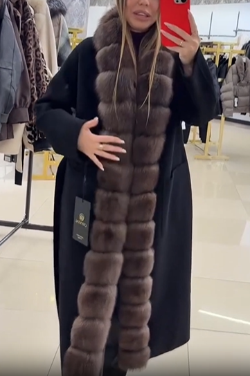 Fur-trimmed wool blend coat