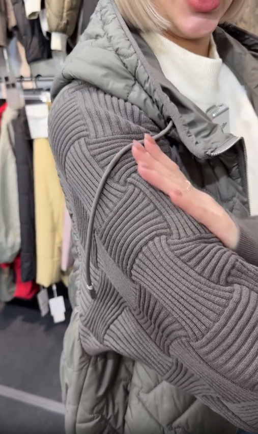 Quilted Jacket with Knit Sleeves and Hood