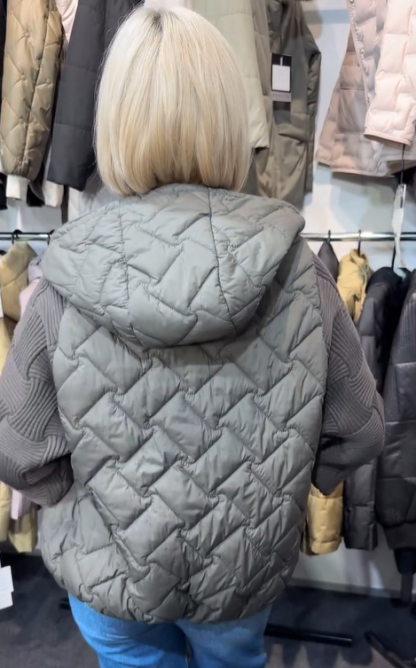 Quilted Jacket with Knit Sleeves and Hood
