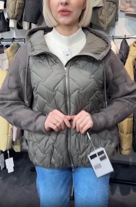 Quilted Jacket with Knit Sleeves and Hood