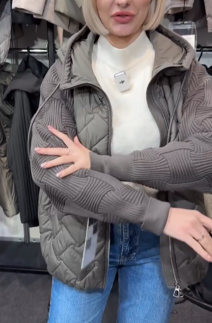 Quilted Jacket with Knit Sleeves and Hood