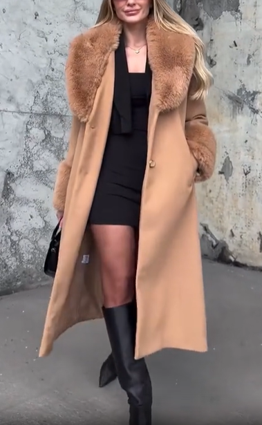 Wool - Blend Coat with Faux Fur Accents