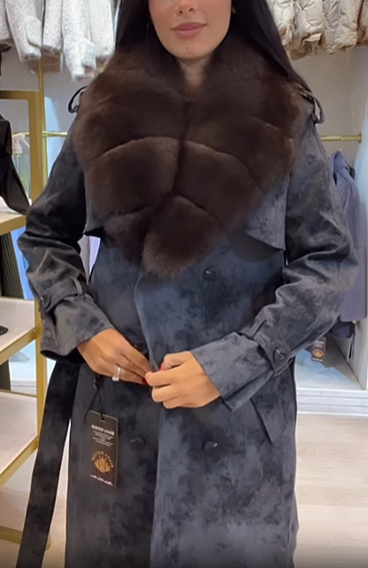 Suede Trench Coat With Faux Fur Collar