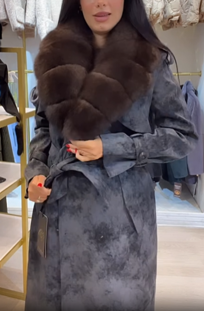 Suede Trench Coat With Faux Fur Collar