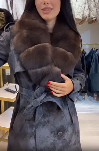 Suede Trench Coat With Faux Fur Collar