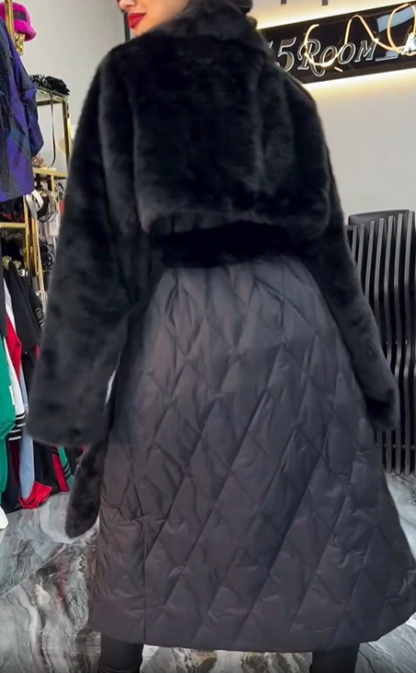 Long faux fur and down jacket combo coat