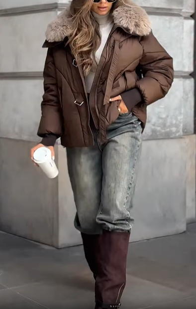 Faux Fur-Collar Puffer Coat with Metal Buckle Details