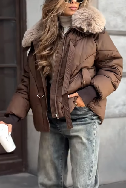 Faux Fur-Collar Puffer Coat with Metal Buckle Details