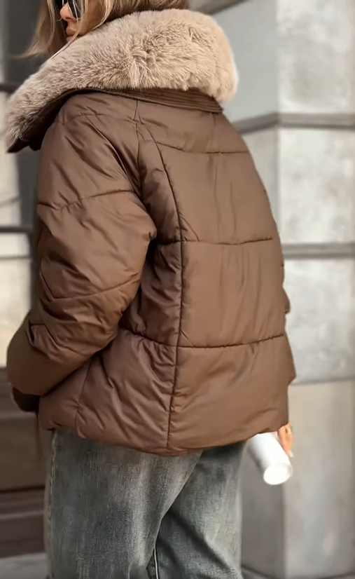 Faux Fur-Collar Puffer Coat with Metal Buckle Details