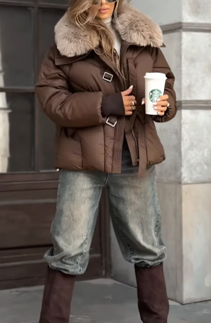 Faux Fur-Collar Puffer Coat with Metal Buckle Details