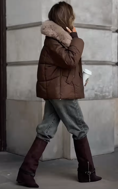 Faux Fur-Collar Puffer Coat with Metal Buckle Details