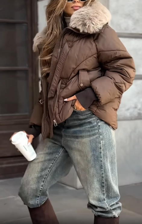 Faux Fur-Collar Puffer Coat with Metal Buckle Details