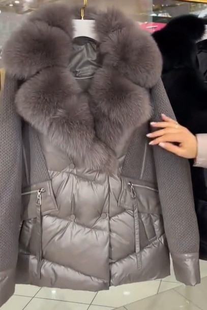 Mixed-Media Puffer Jacket with Faux Fur Collar