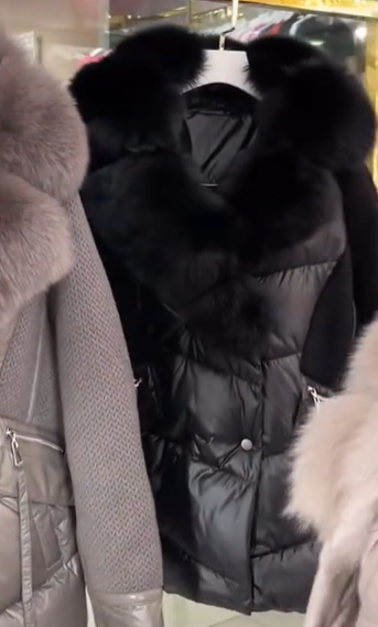 Mixed-Media Puffer Jacket with Faux Fur Collar