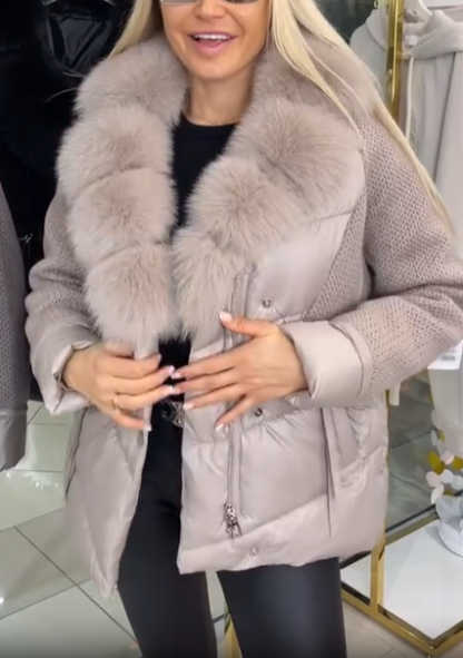 Mixed-Media Puffer Jacket with Faux Fur Collar