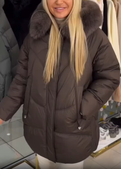 Diamond-Quilted Hooded Puffer Coat with Faux Fur Accents