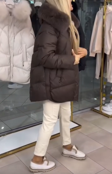 Diamond-Quilted Hooded Puffer Coat with Faux Fur Accents