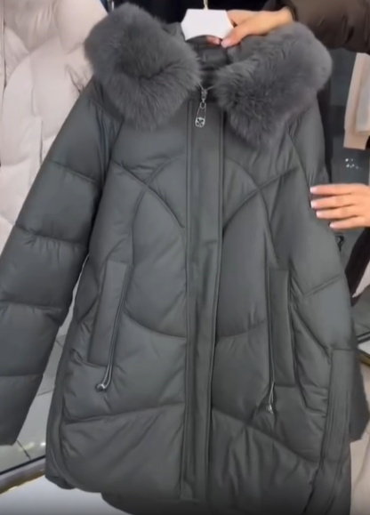 Diamond-Quilted Hooded Puffer Coat with Faux Fur Accents