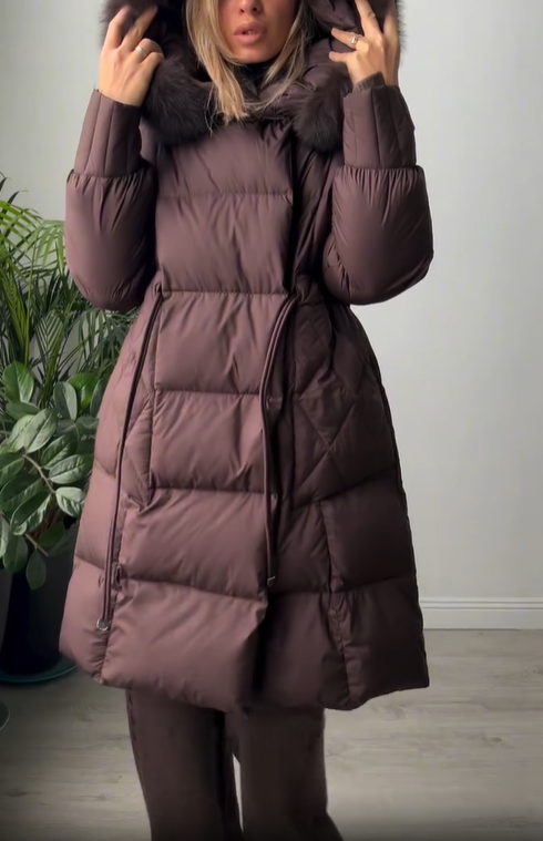 Longline Hooded Puffer Coat with Magnetic Closures & Drawstring Waist