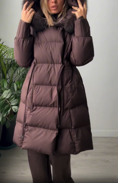 Longline Hooded Puffer Coat with Magnetic Closures & Drawstring Waist