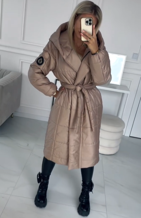 Belted Hooded Puffer Coat with Emblem Detail