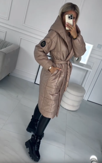 Belted Hooded Puffer Coat with Emblem Detail