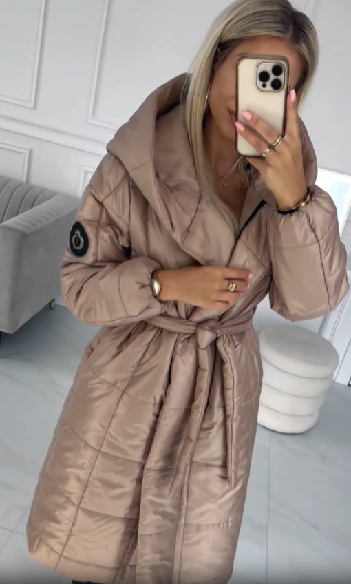 Belted Hooded Puffer Coat with Emblem Detail