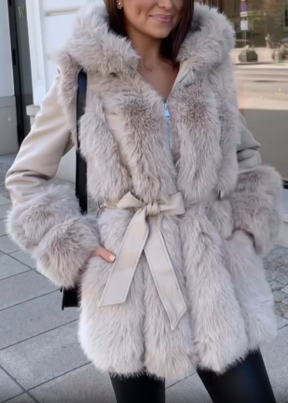 Faux Fur-Accented Belted Coat