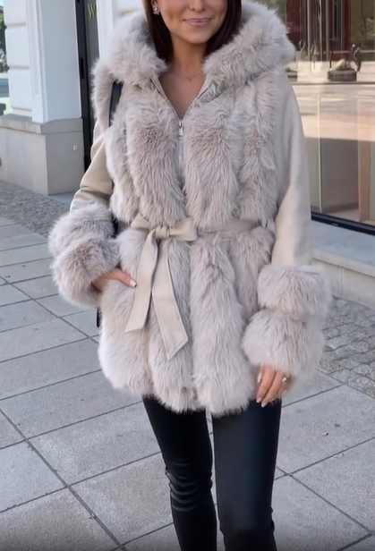 Faux Fur-Accented Belted Coat
