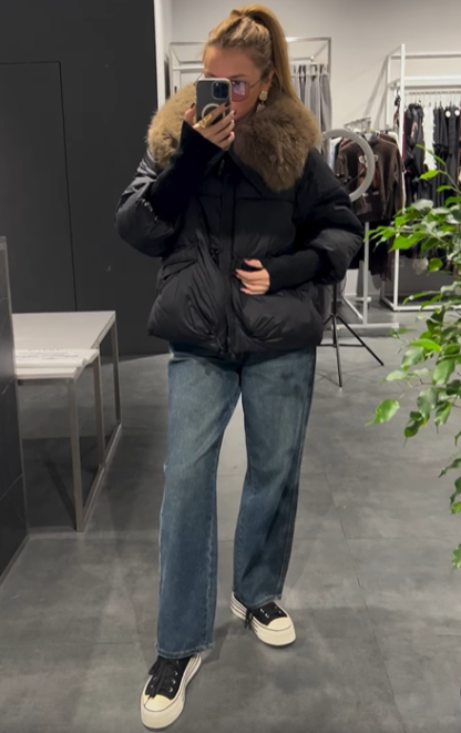 Short Puffer Jacket with Oversized Faux Fur Collar