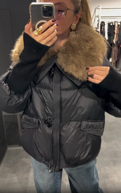 Short Puffer Jacket with Oversized Faux Fur Collar