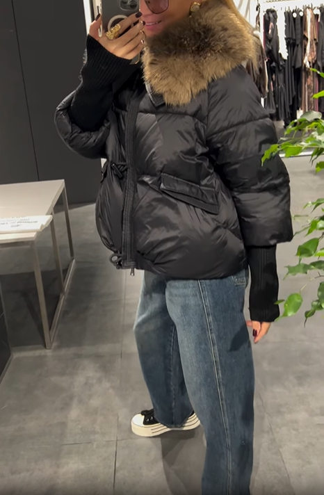 Short Puffer Jacket with Oversized Faux Fur Collar