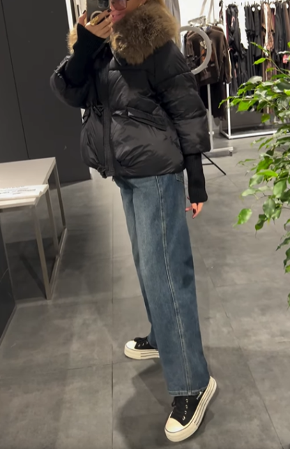 Short Puffer Jacket with Oversized Faux Fur Collar