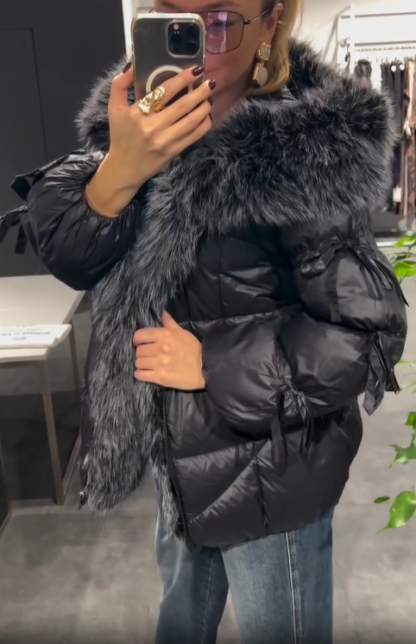 Faux Fur Trim Hooded Down Jacket with Bow Detail