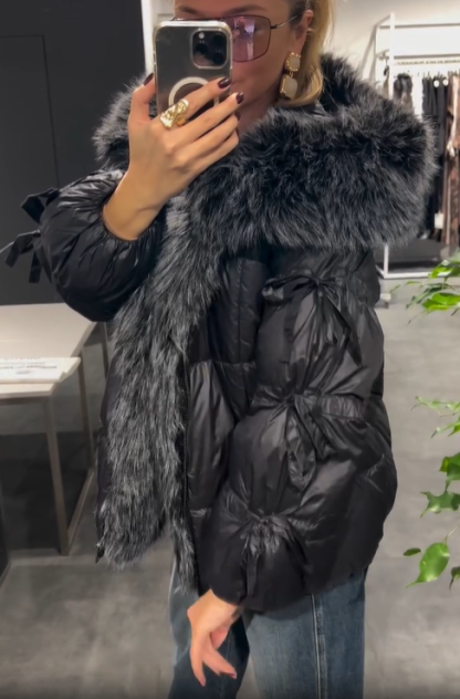 Faux Fur Trim Hooded Down Jacket with Bow Detail