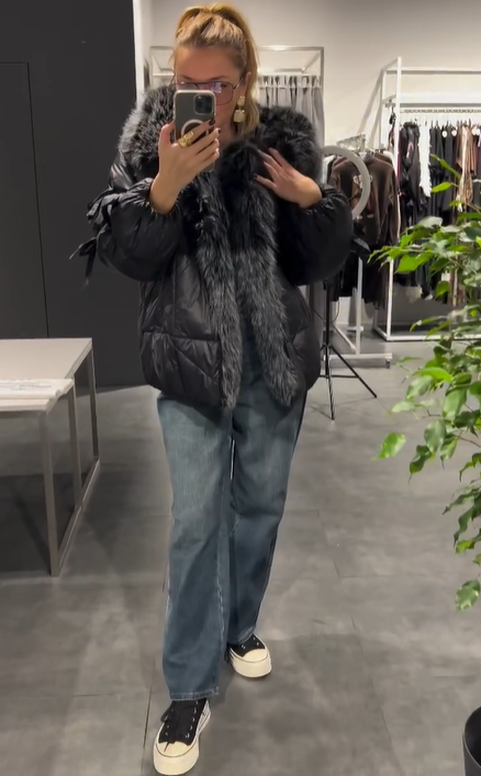 Faux Fur Trim Hooded Down Jacket with Bow Detail