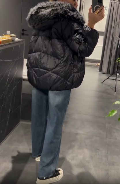 Faux Fur Trim Hooded Down Jacket with Bow Detail