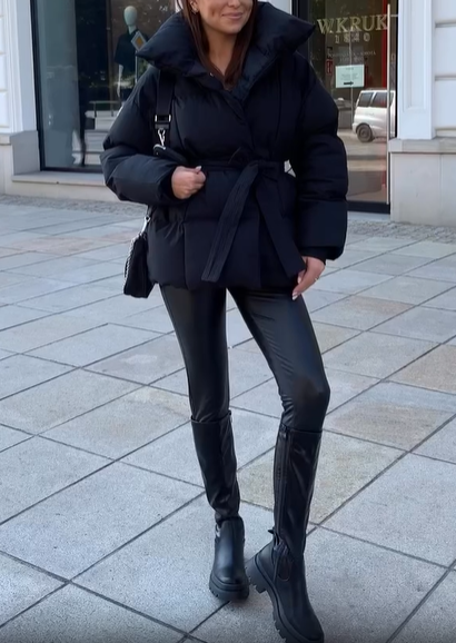 Belted Puffer Jacket with Oversized Collar