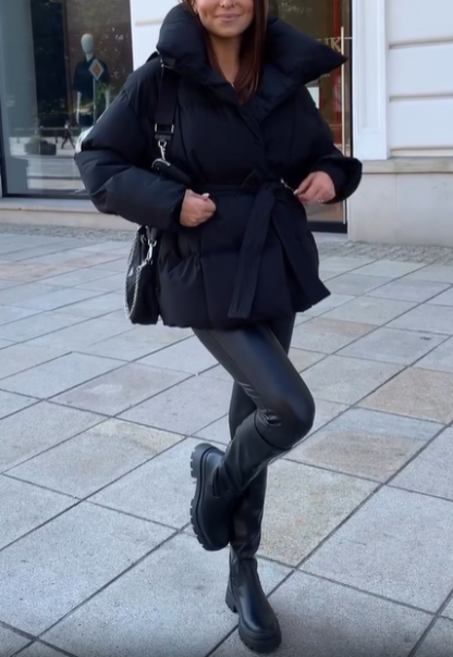 Belted Puffer Jacket with Oversized Collar