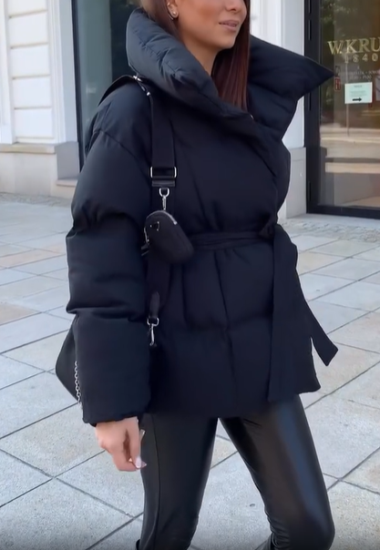 Belted Puffer Jacket with Oversized Collar