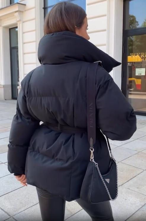 Belted Puffer Jacket with Oversized Collar