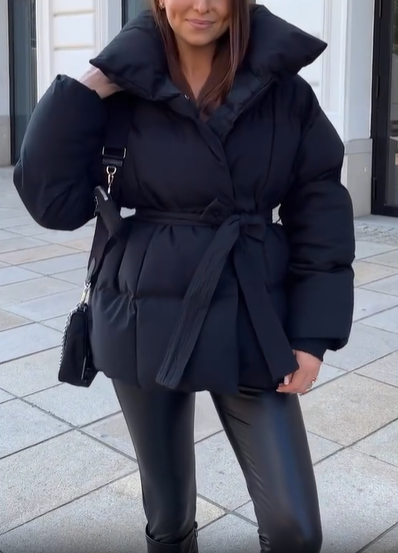 Belted Puffer Jacket with Oversized Collar