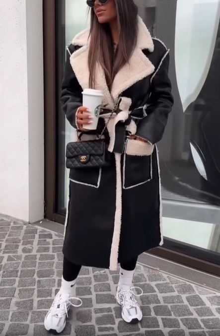 Reversible Shearling-Style Coat with Belted Waist